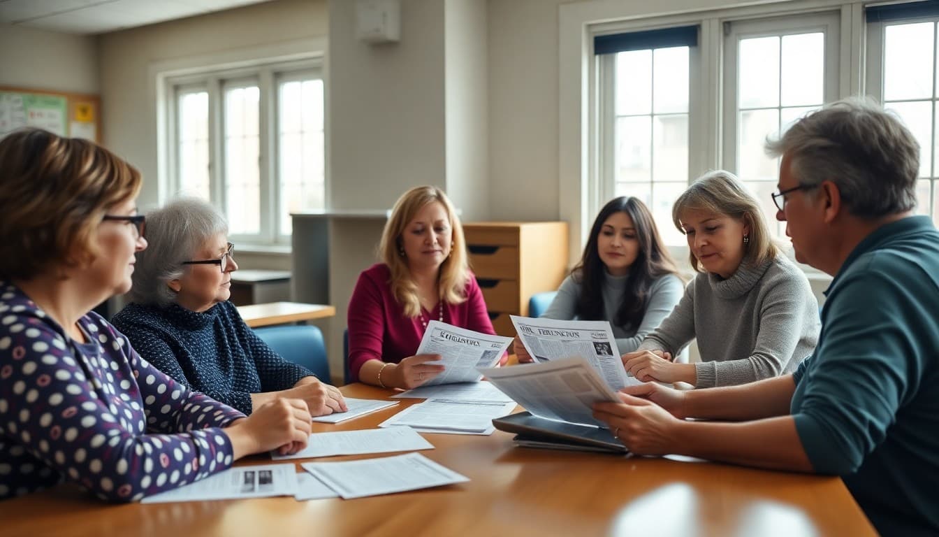 Massachusetts PTA members gathered at school table reviewing newsletter drafts together