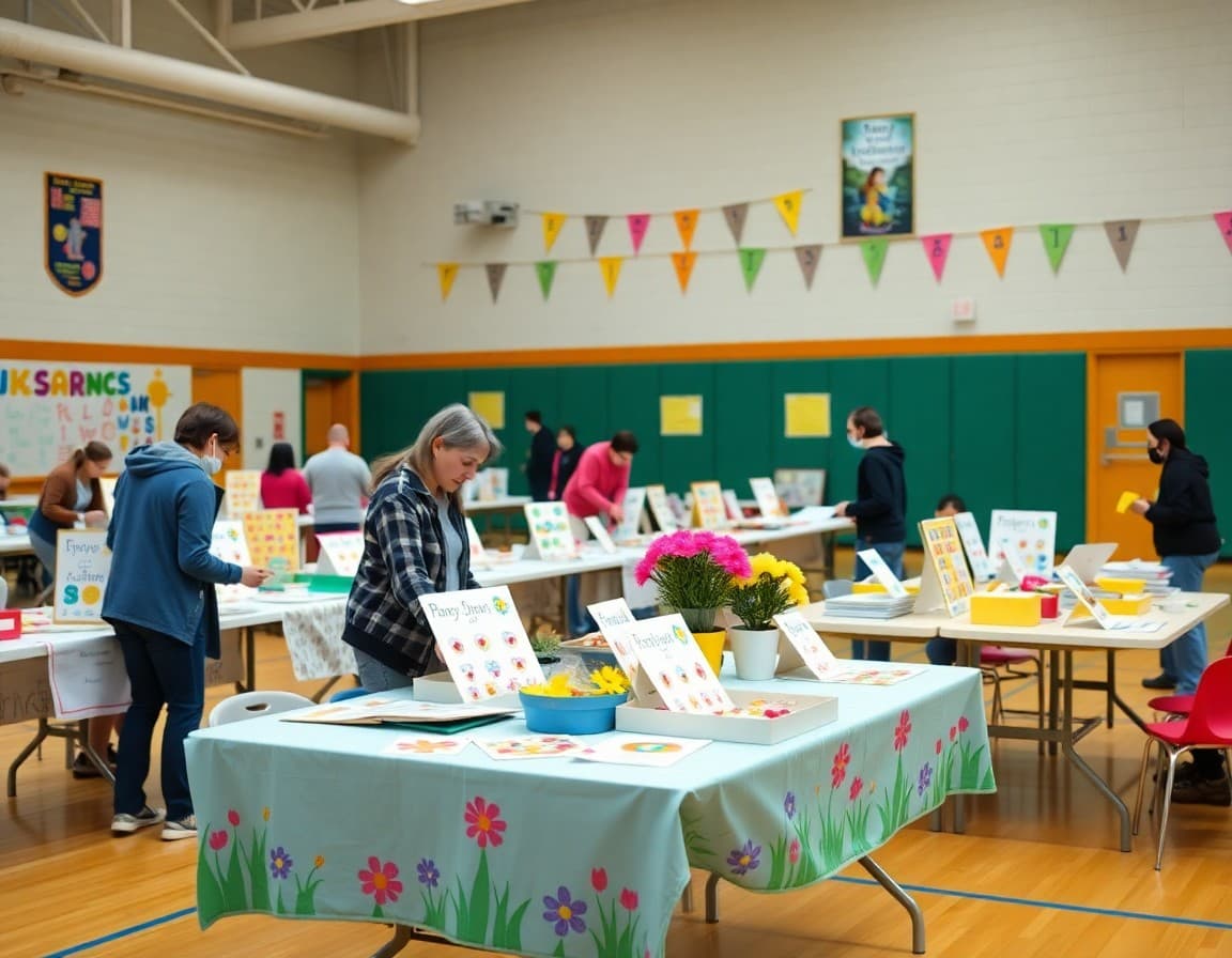 Parents setting up spring fundraiser display tables in a school gymnasium with colorful decorations