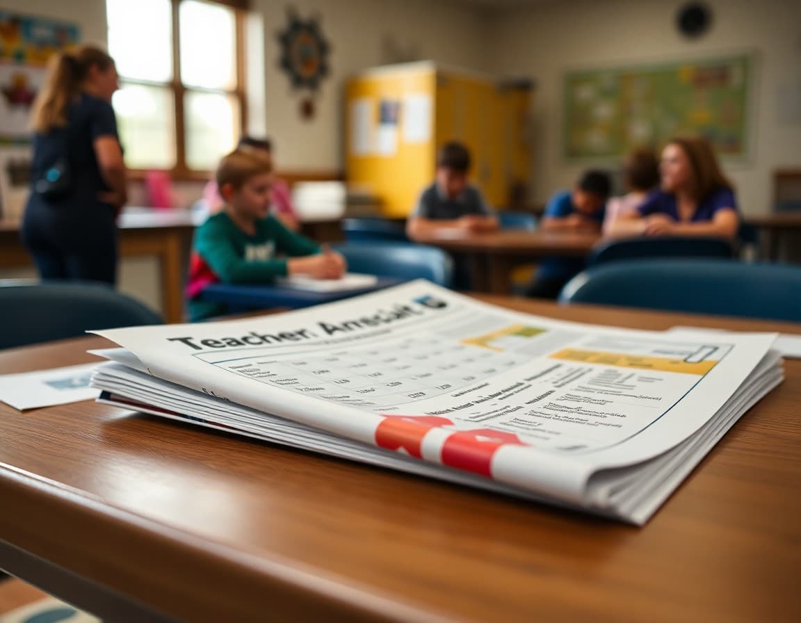May PTA newsletter on a table showing year-end event calendar and teacher appreciation details