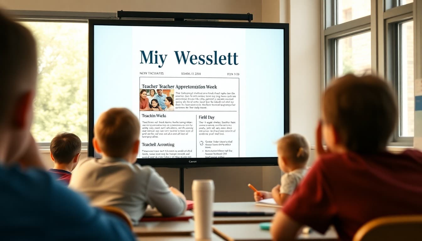 May PTA newsletter template on screen with Teacher Appreciation Week and field day highlights