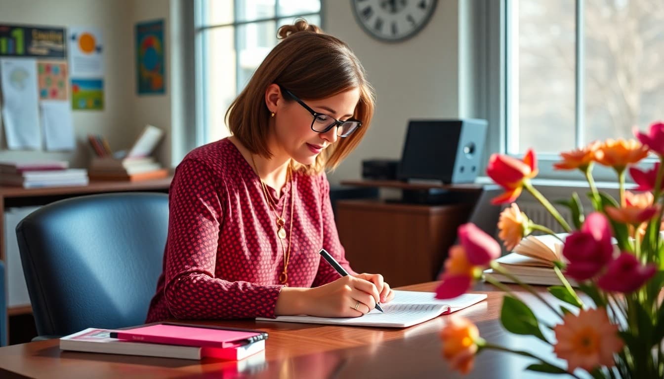 PTA president writing end of year newsletter at desk with spring flowers nearby