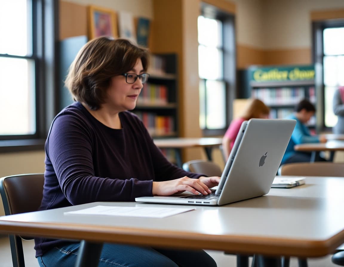 Parent volunteer typing PTA newsletter on laptop at school library table