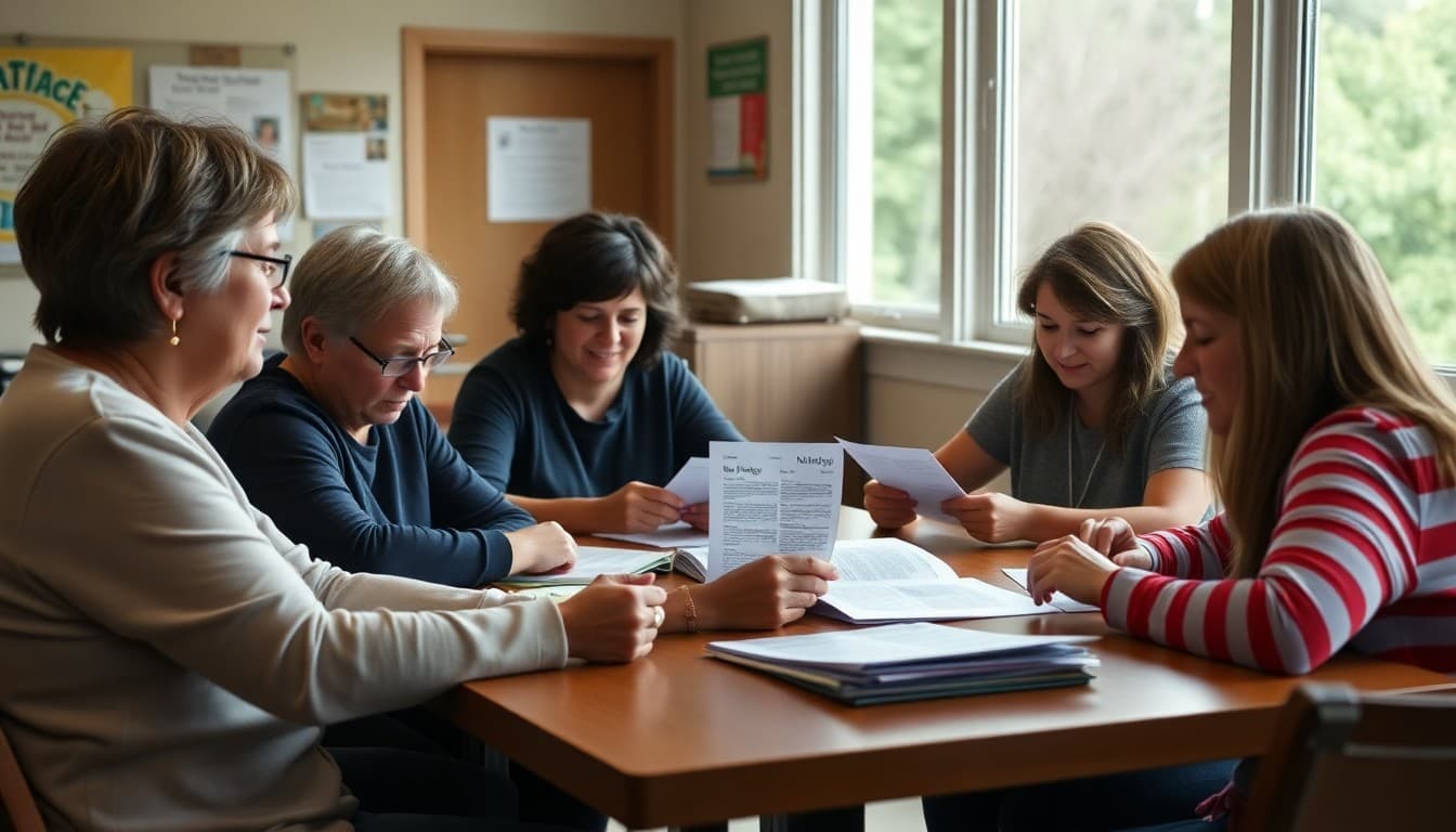 Maine PTA members gathered at school table reviewing newsletter drafts together