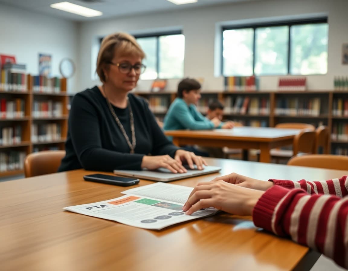 Parent volunteer typing PTA newsletter on laptop at school library table