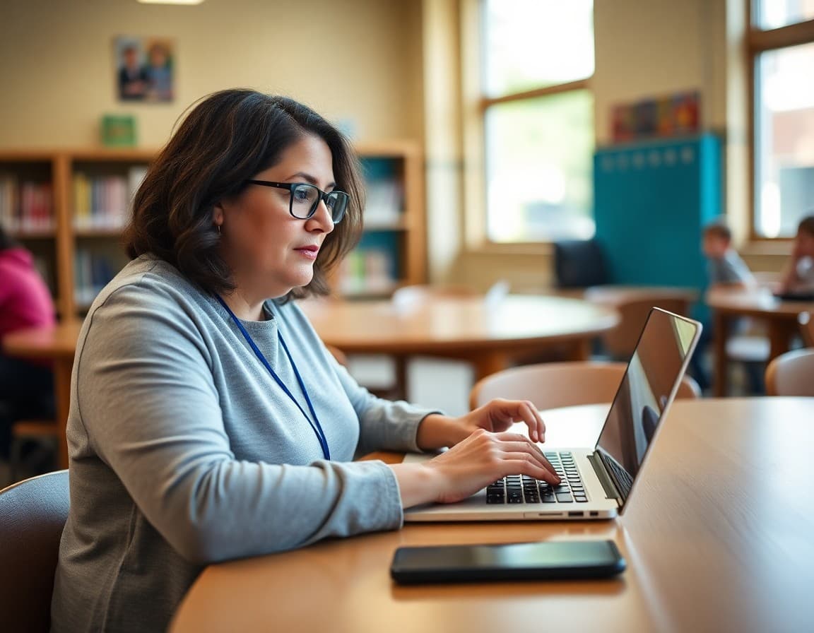 Parent volunteer typing PTA newsletter on laptop at school library table
