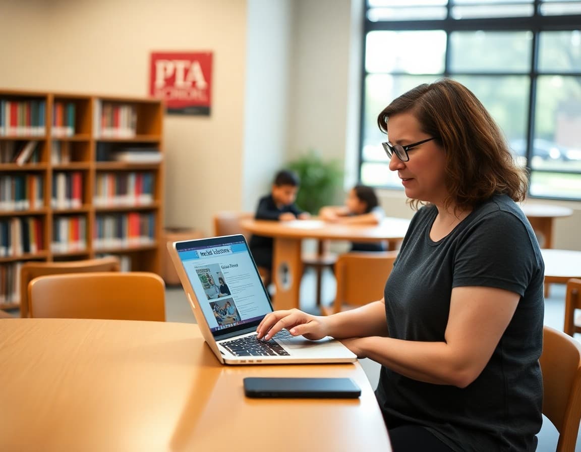 Parent volunteer typing PTA newsletter on laptop at school library table