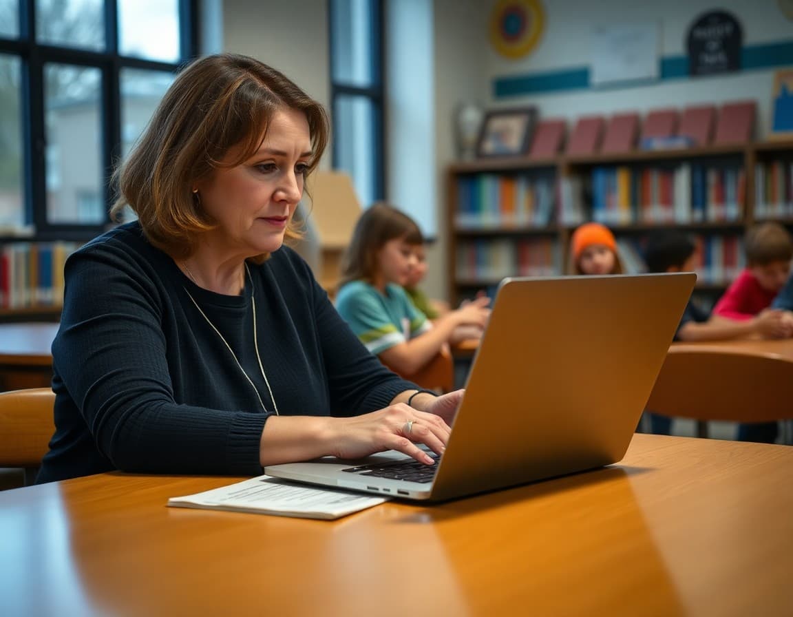 Parent volunteer typing PTA newsletter on laptop at school library table