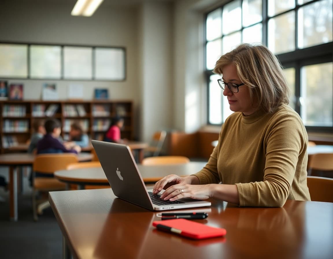 Parent volunteer typing PTA newsletter on laptop at school library table