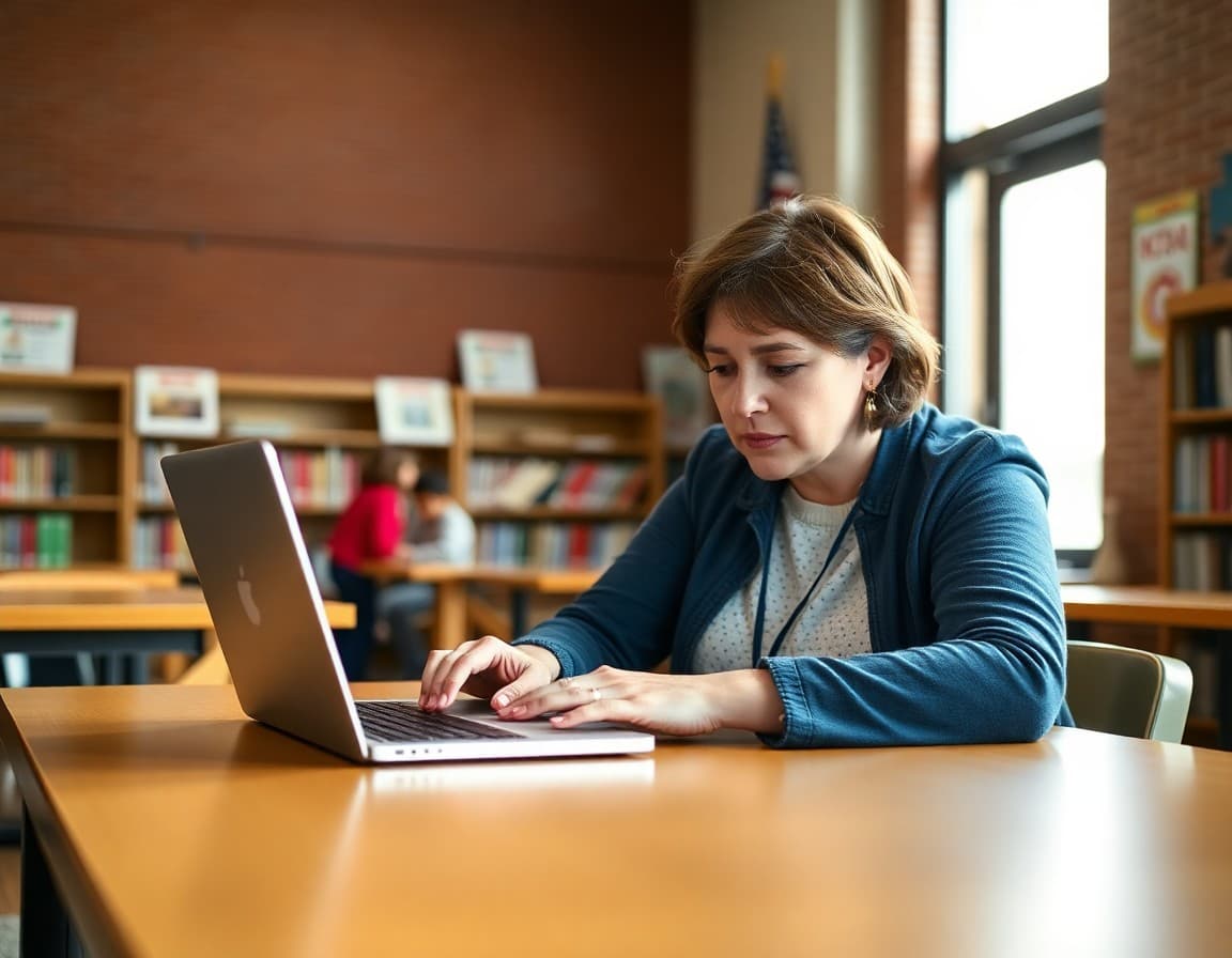 Parent volunteer typing PTA newsletter on laptop at school library table