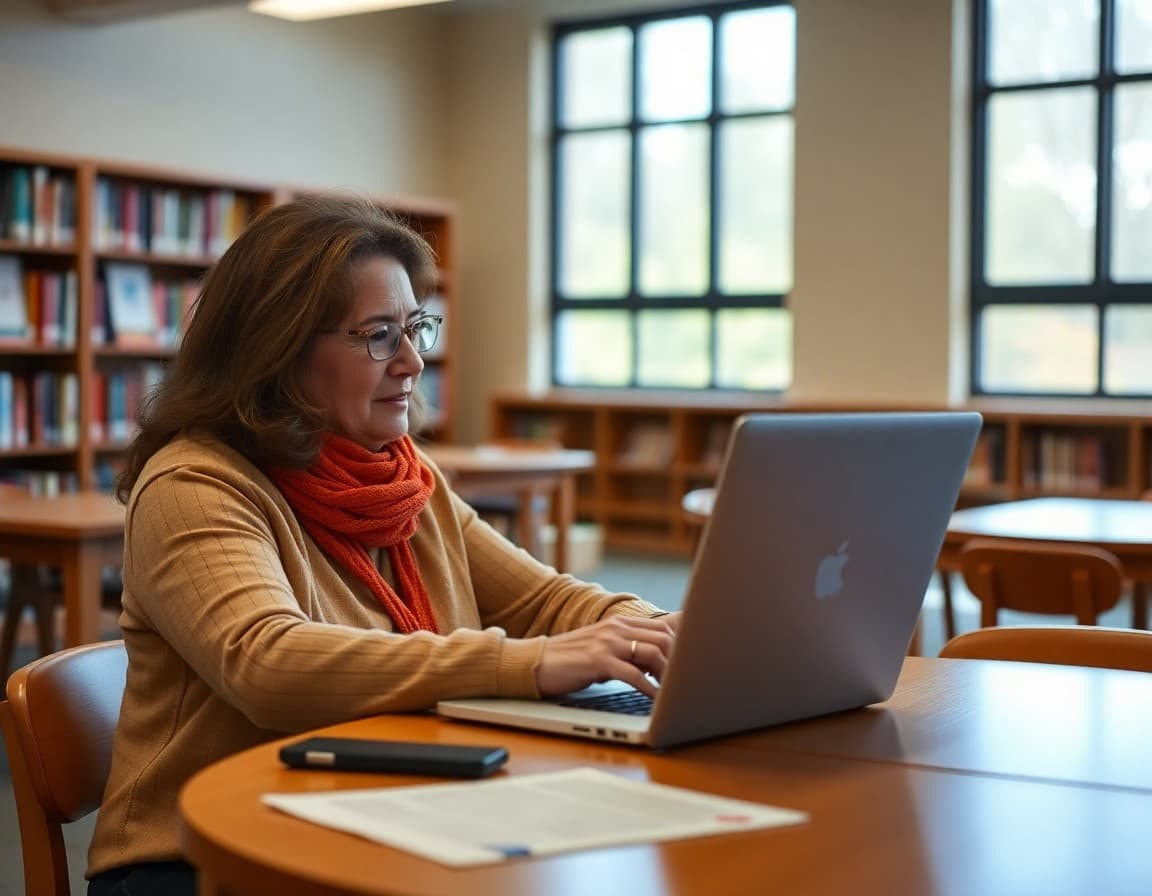 Parent volunteer typing PTA newsletter on laptop at school library table