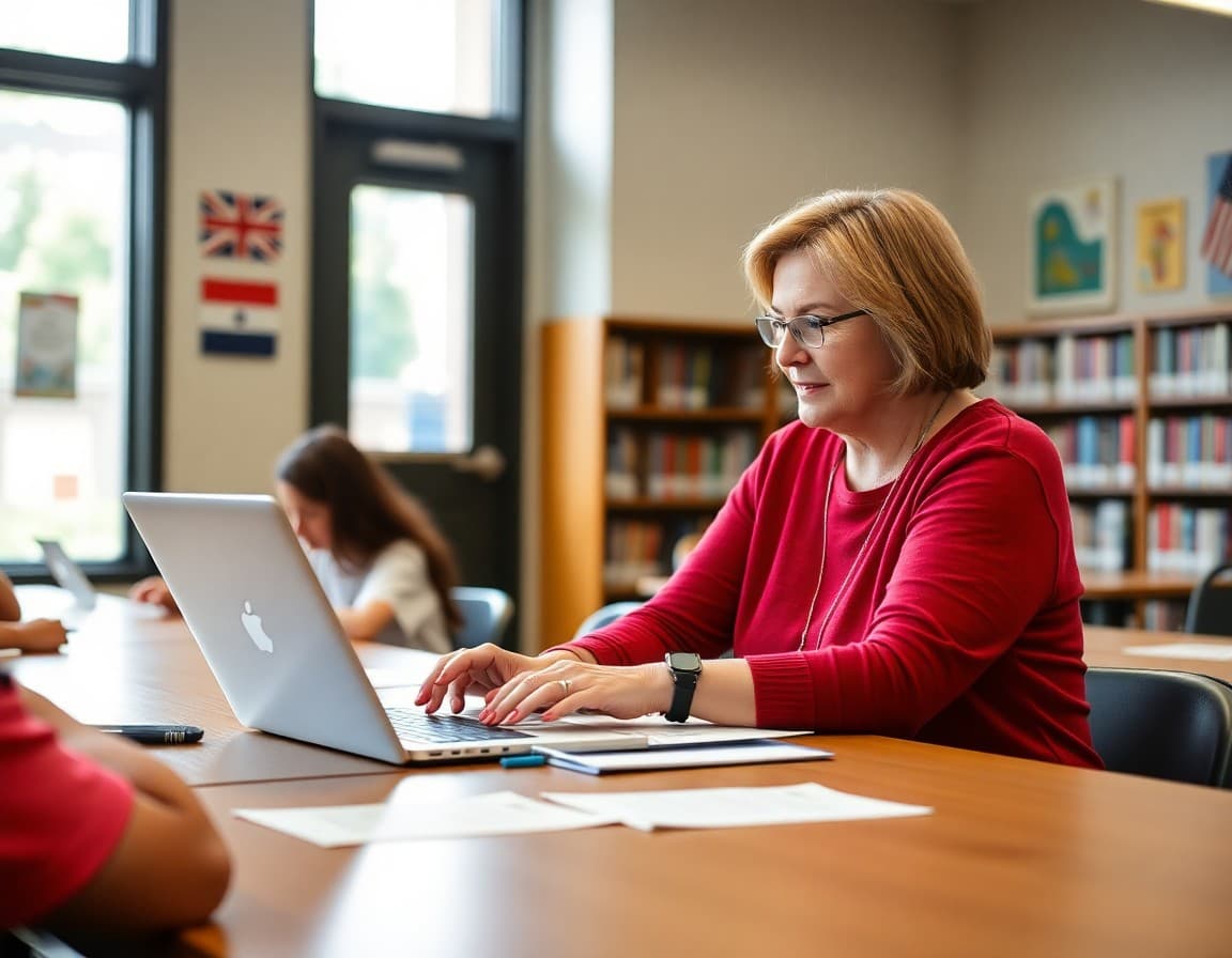 Parent volunteer typing PTA newsletter on laptop at school library table