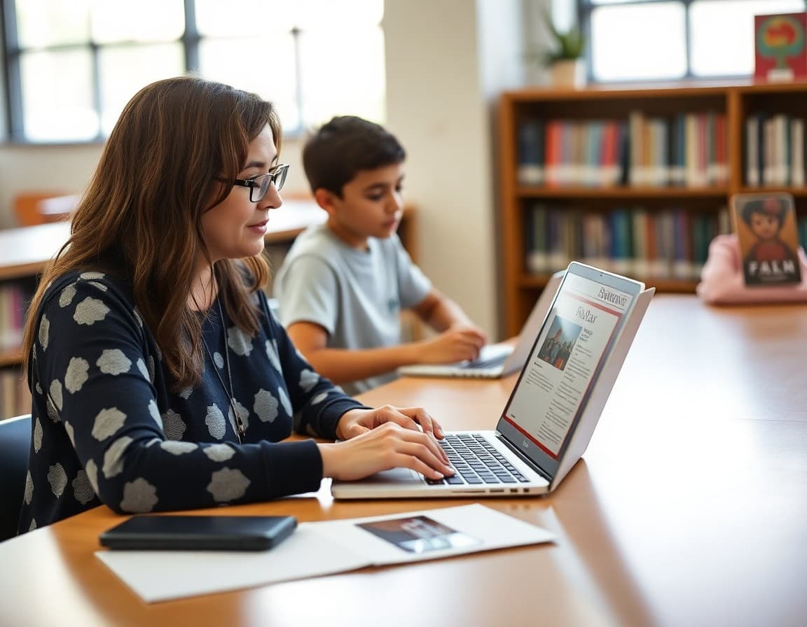 Parent volunteer typing PTA newsletter on laptop at school library table