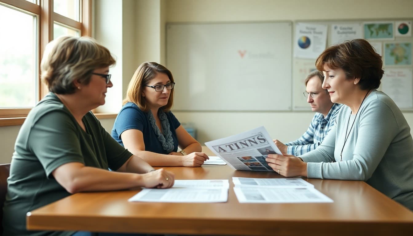 New Hampshire PTA members gathered at school table reviewing newsletter drafts together