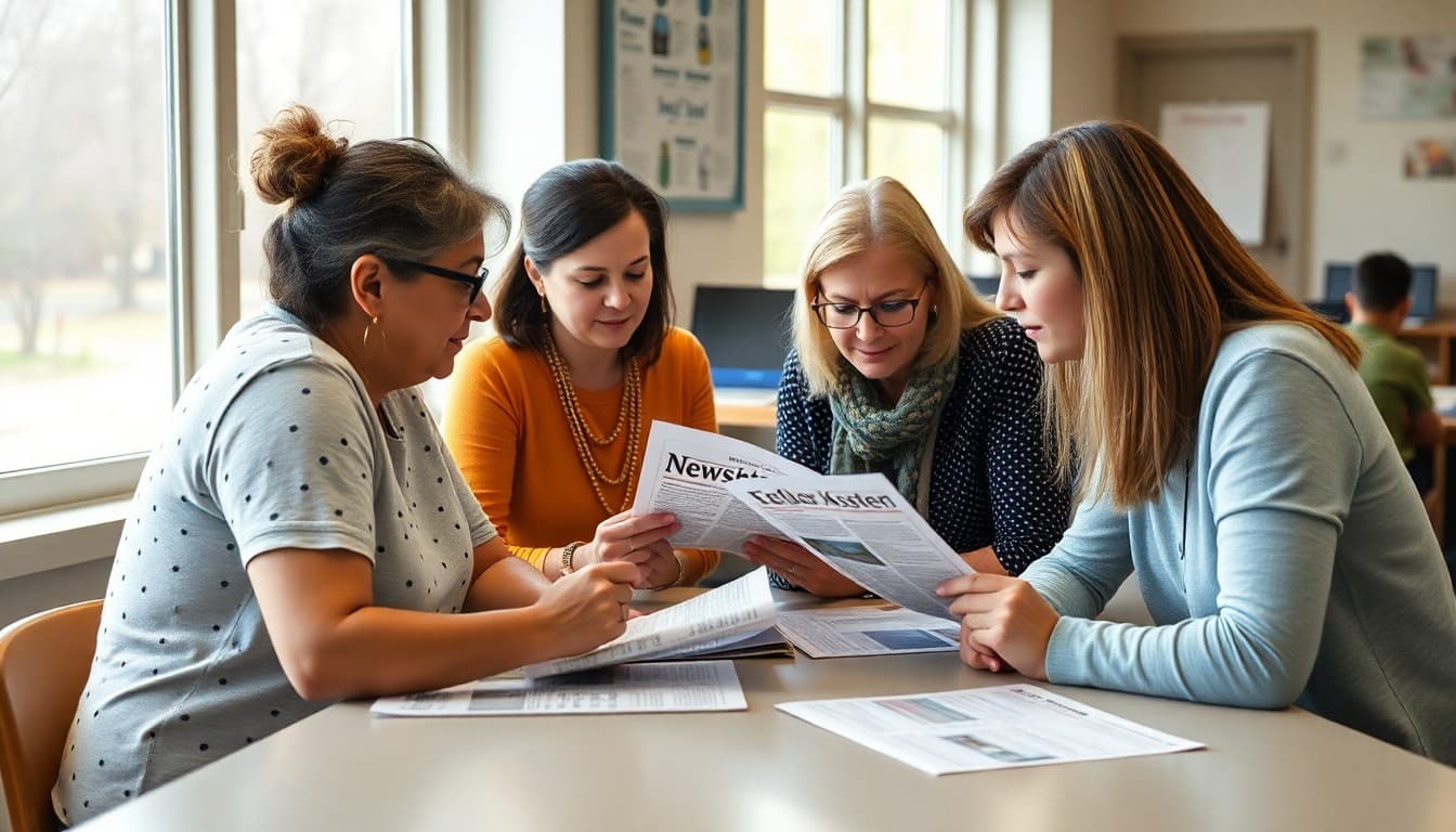 New Jersey PTA members gathered at school table reviewing newsletter drafts together