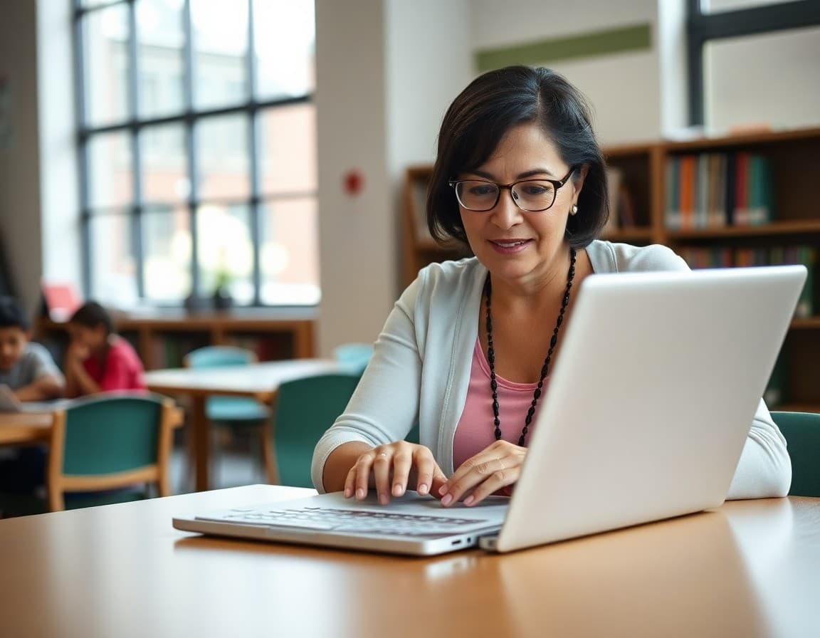 Parent volunteer typing PTA newsletter on laptop at school library table