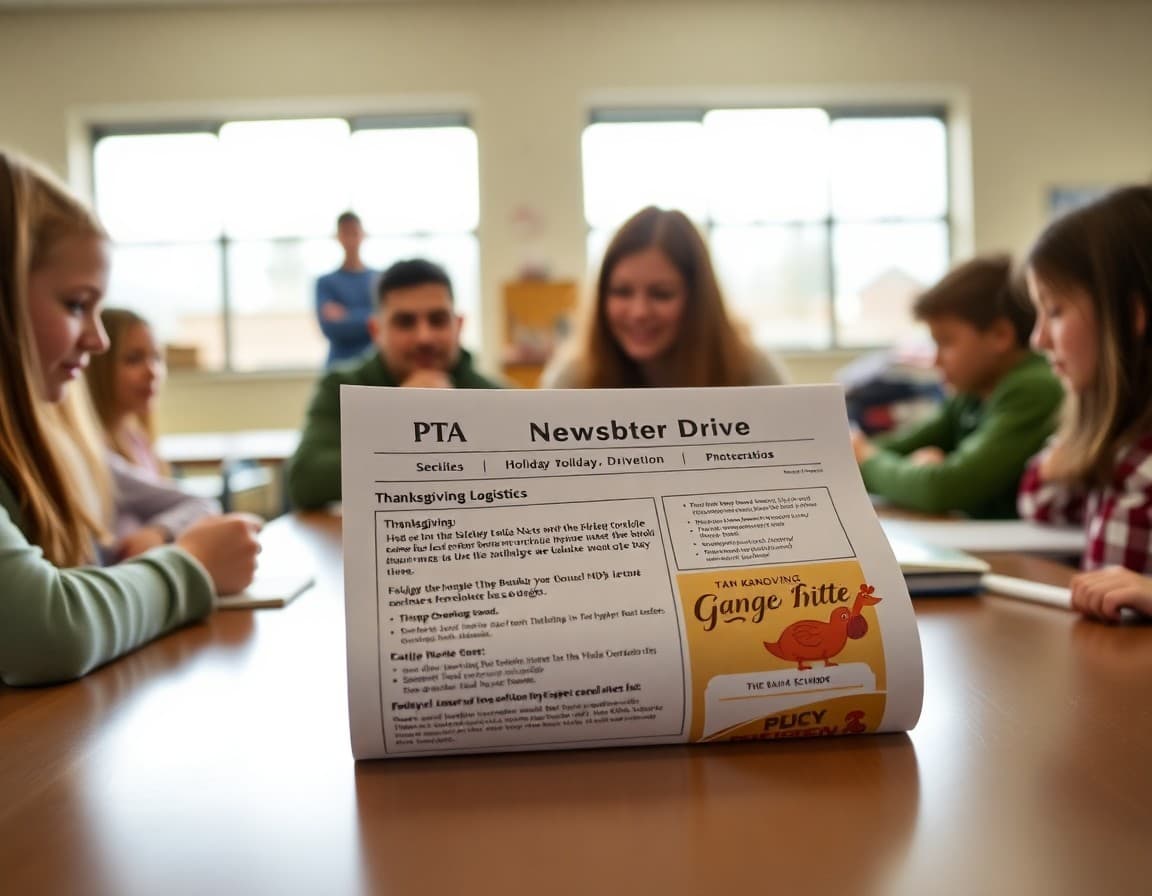 November PTA newsletter on a table showing holiday giving drive details and Thanksgiving logistics