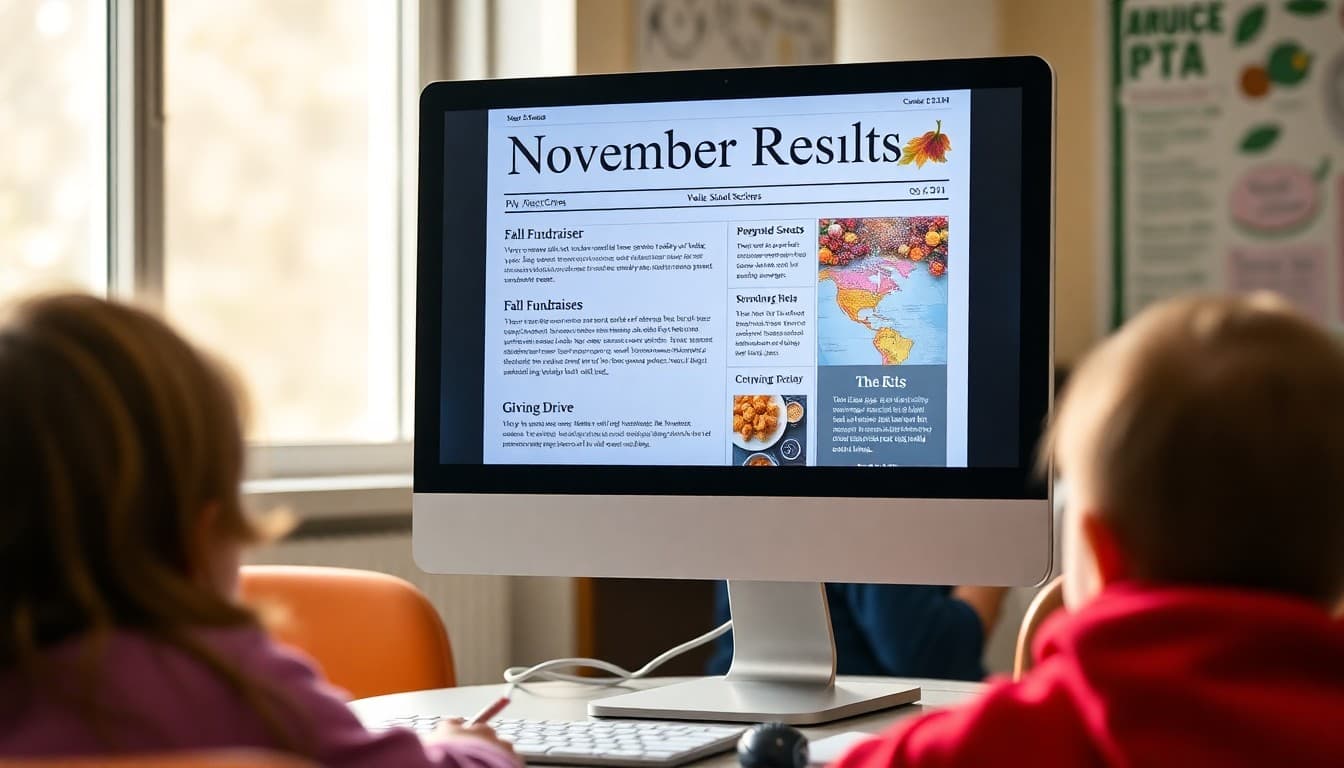 November PTA newsletter template on computer screen with fall fundraiser results and giving drive