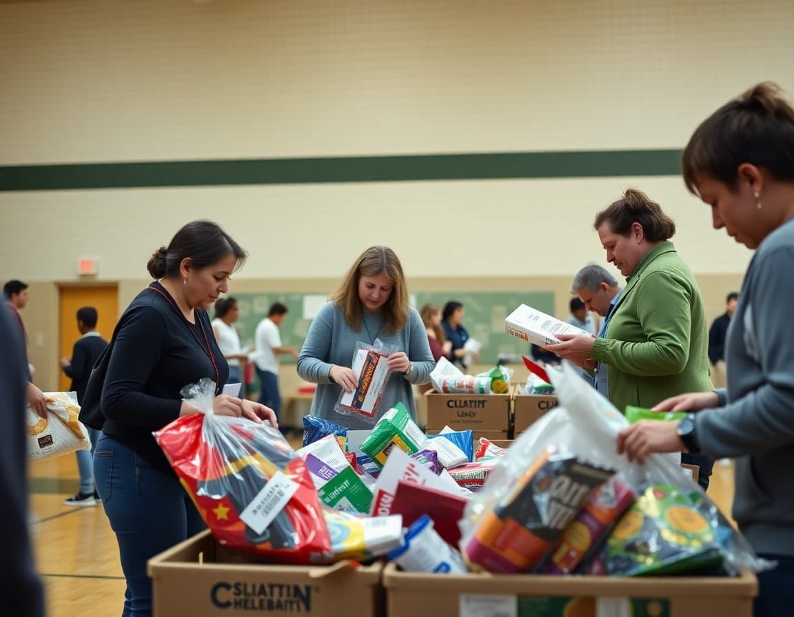 Parent volunteers sorting donated items for a school holiday giving drive in a gymnasium