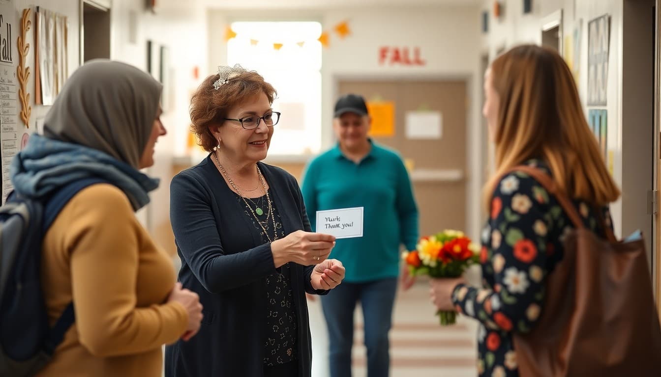 PTA president handing a thank-you card to a teacher in a school hallway decorated for fall