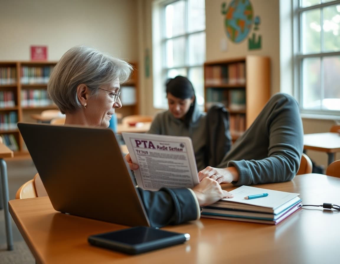Parent volunteer typing PTA newsletter on laptop at school library table