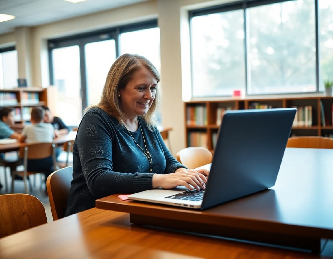 Parent volunteer typing PTA newsletter on laptop at school library table