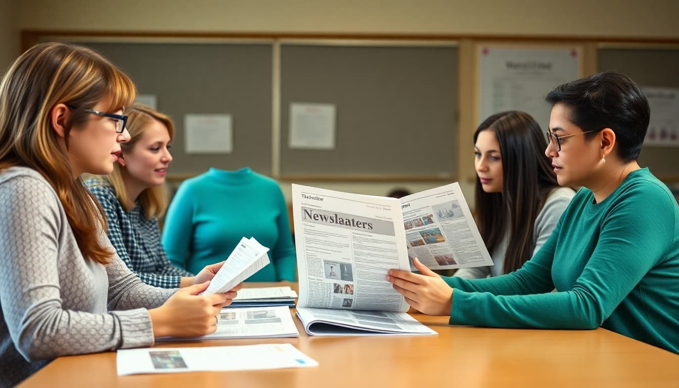 New York PTA members gathered at school table reviewing newsletter drafts together