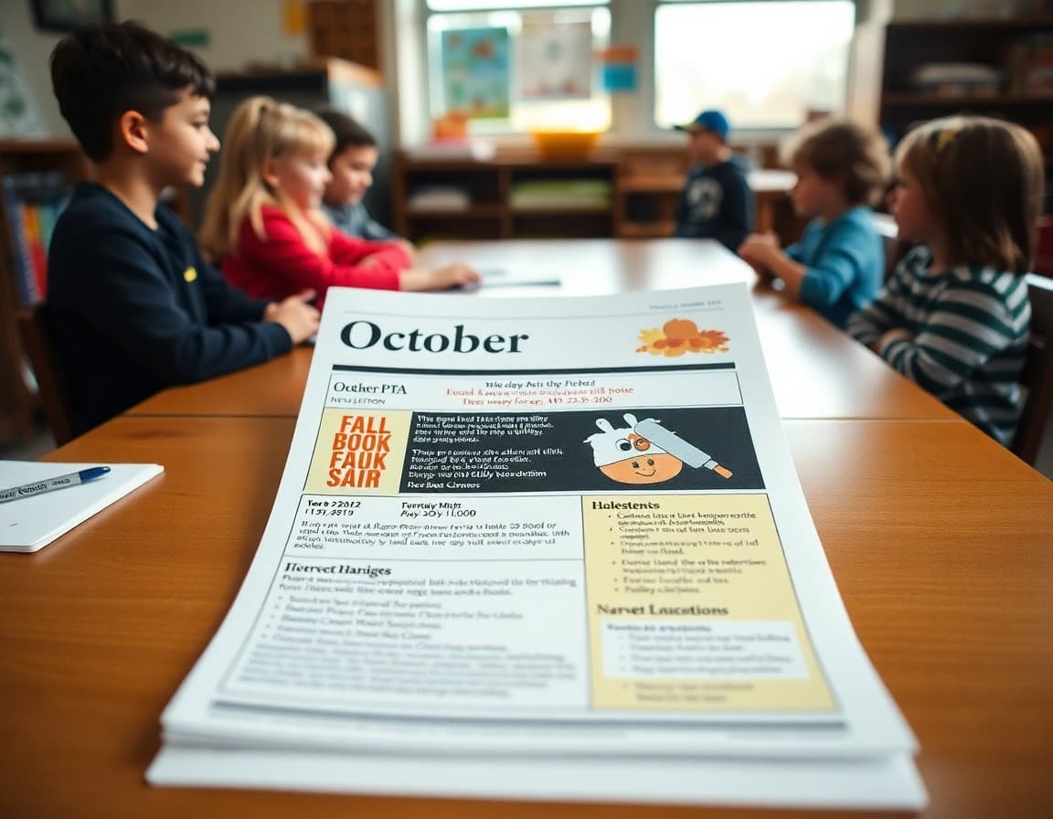 October PTA newsletter on a table showing fall book fair details and harvest event logistics