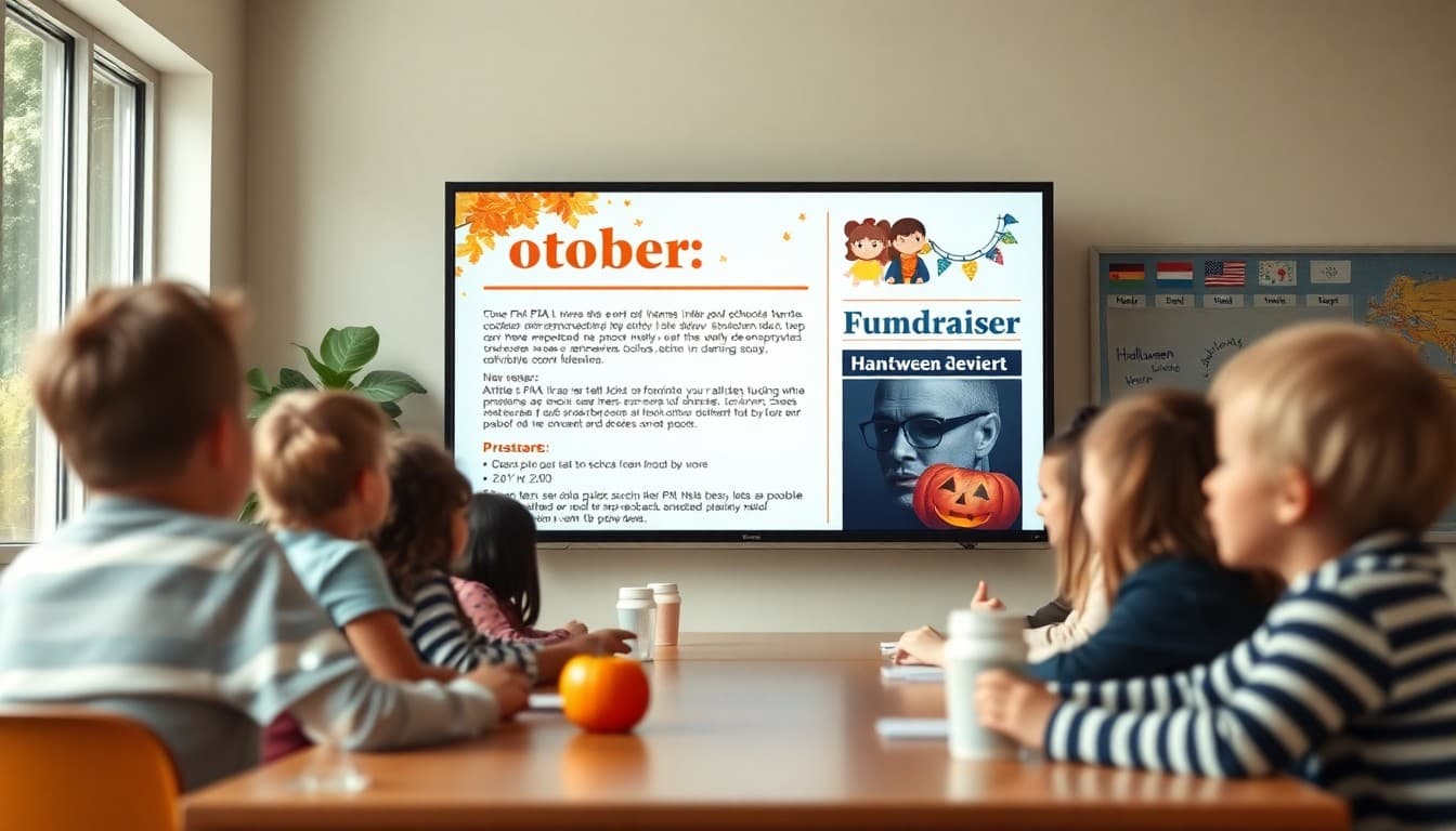 October PTA newsletter template on screen with fall fundraiser update and Halloween event preview