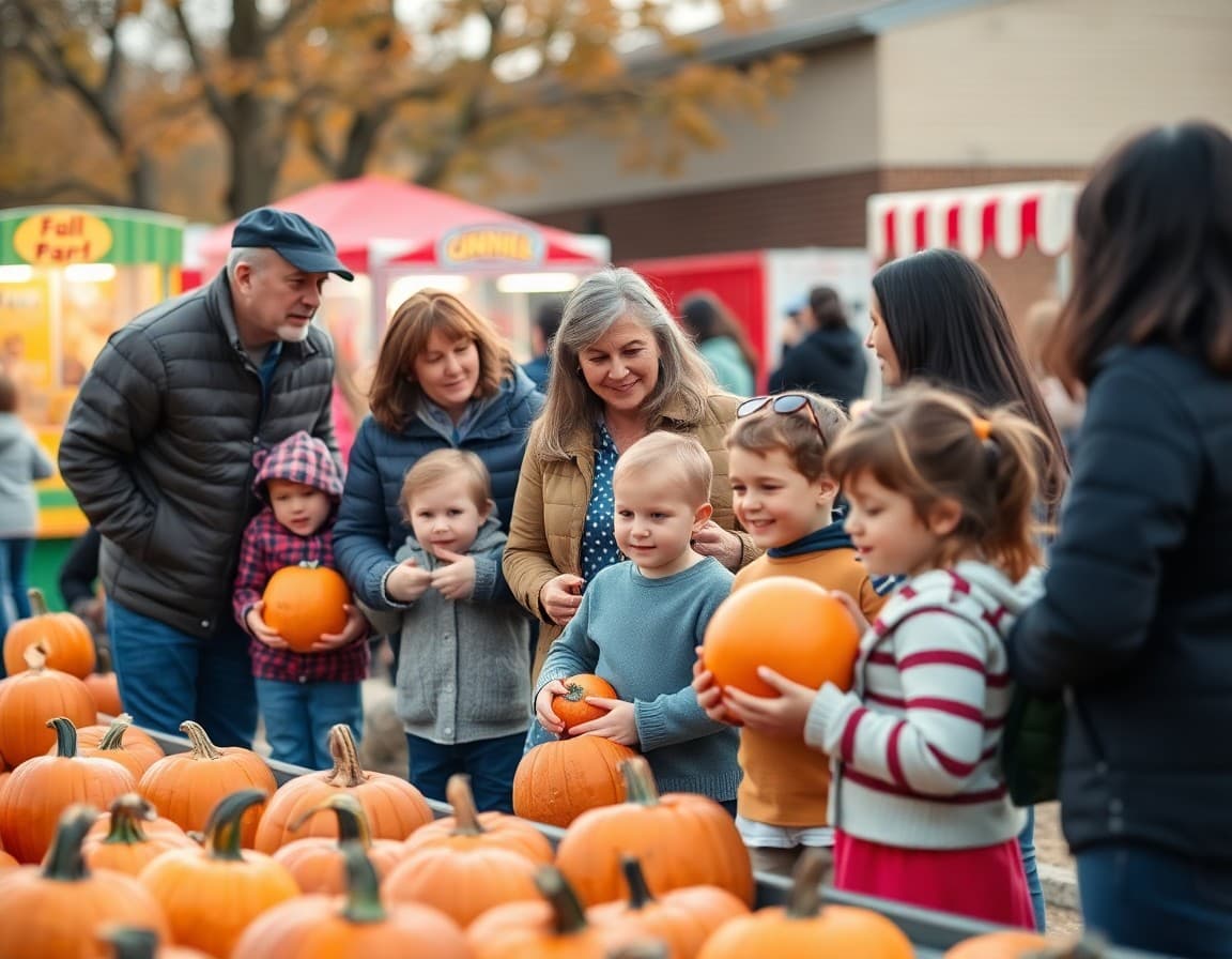 Group of parents and children at an outdoor school fall carnival with pumpkins and game booths