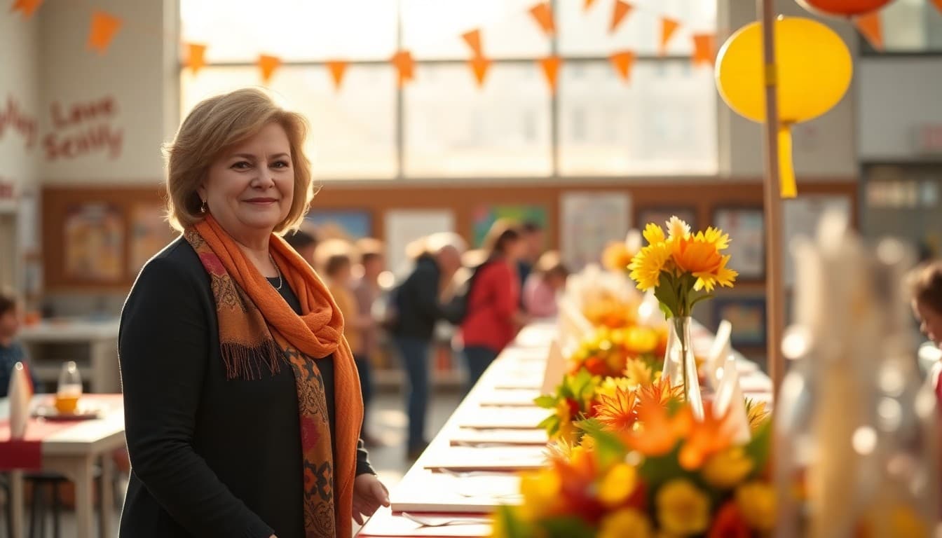 PTA president standing at a welcome table at a school fall festival with orange and yellow decorations