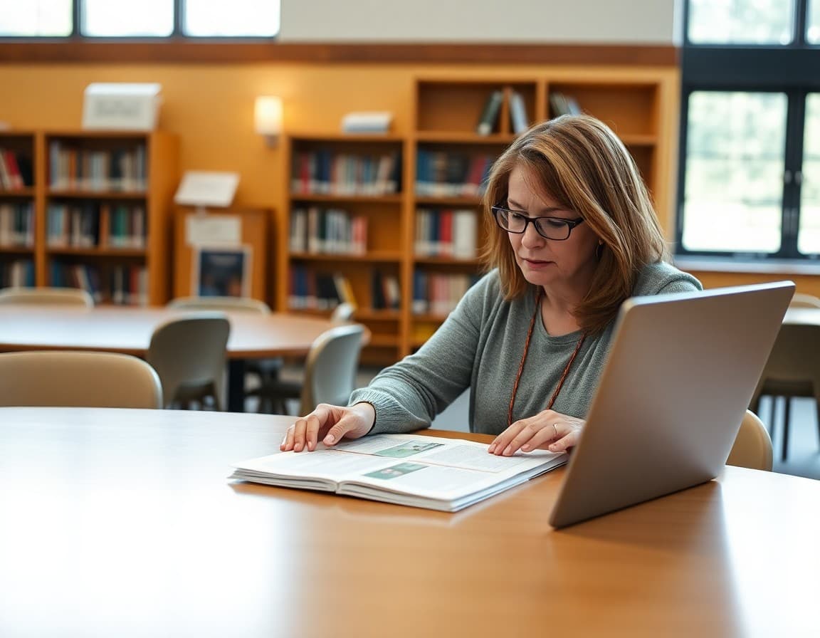 Parent volunteer typing PTA newsletter on laptop at school library table