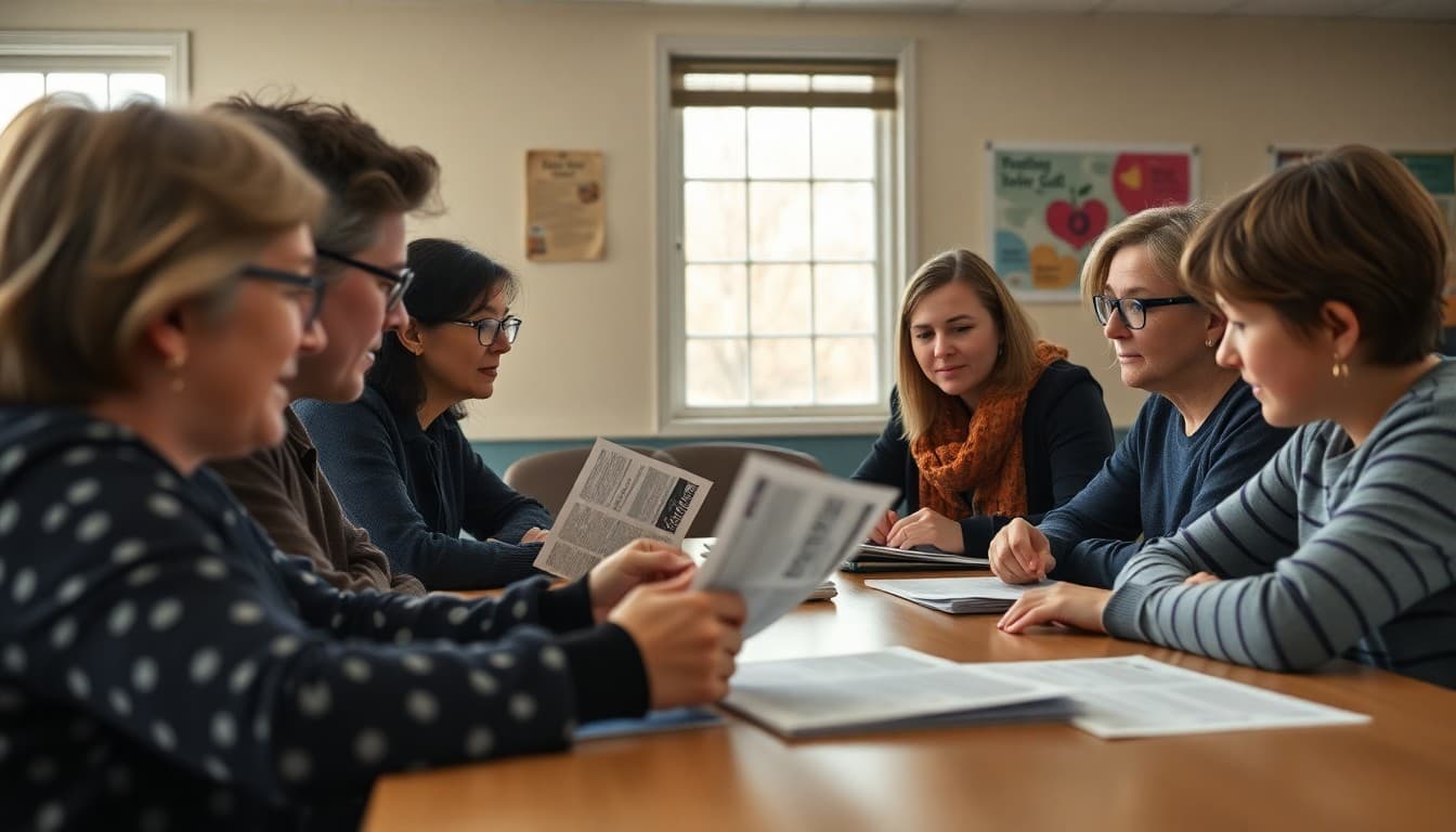 Pennsylvania PTA members gathered at school table reviewing newsletter drafts together