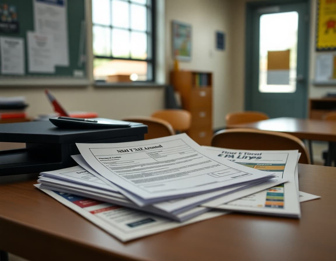 IRS tax-exempt documents alongside PTA newsletter and donation forms on desk