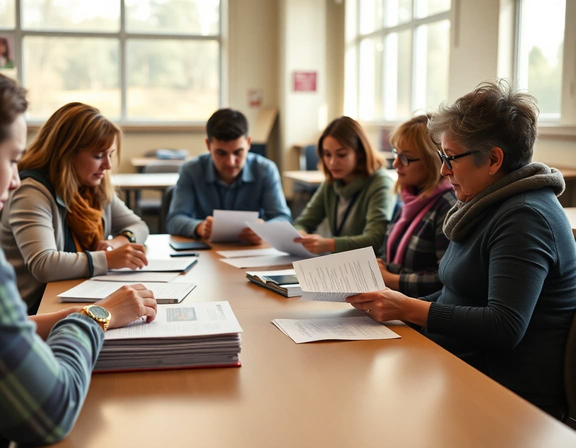 PTA annual meeting agenda on table with parent members reviewing printed materials