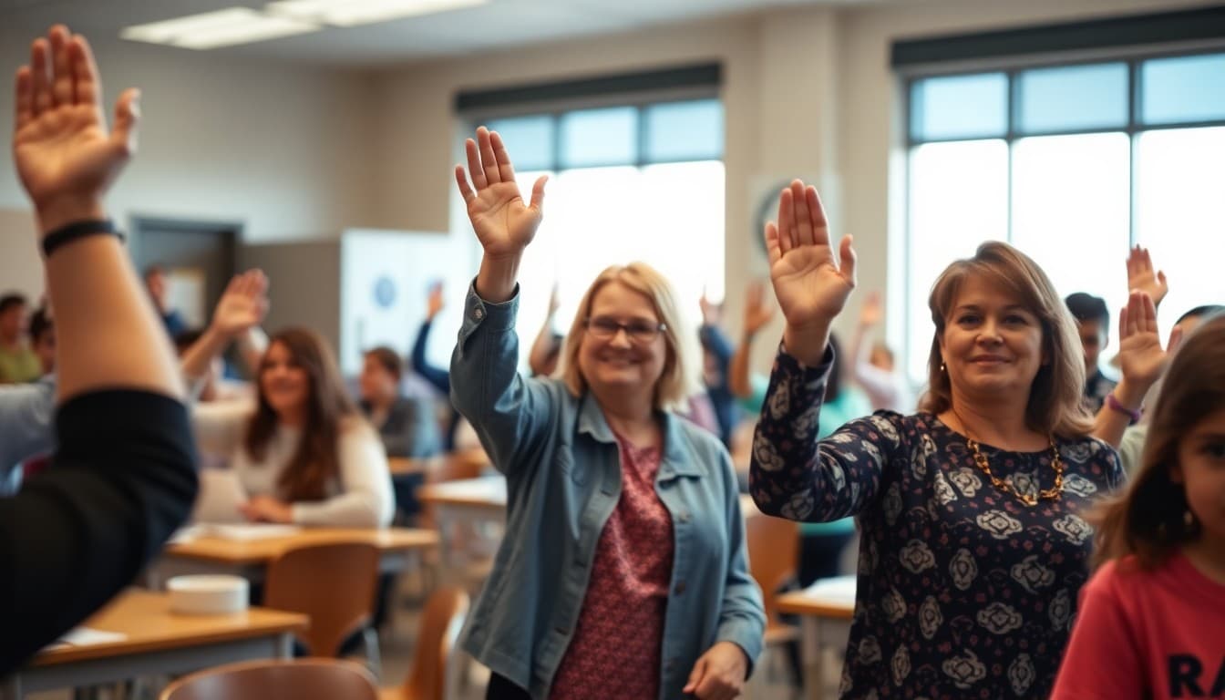 Parents raising hands to vote at PTA annual meeting in school cafeteria