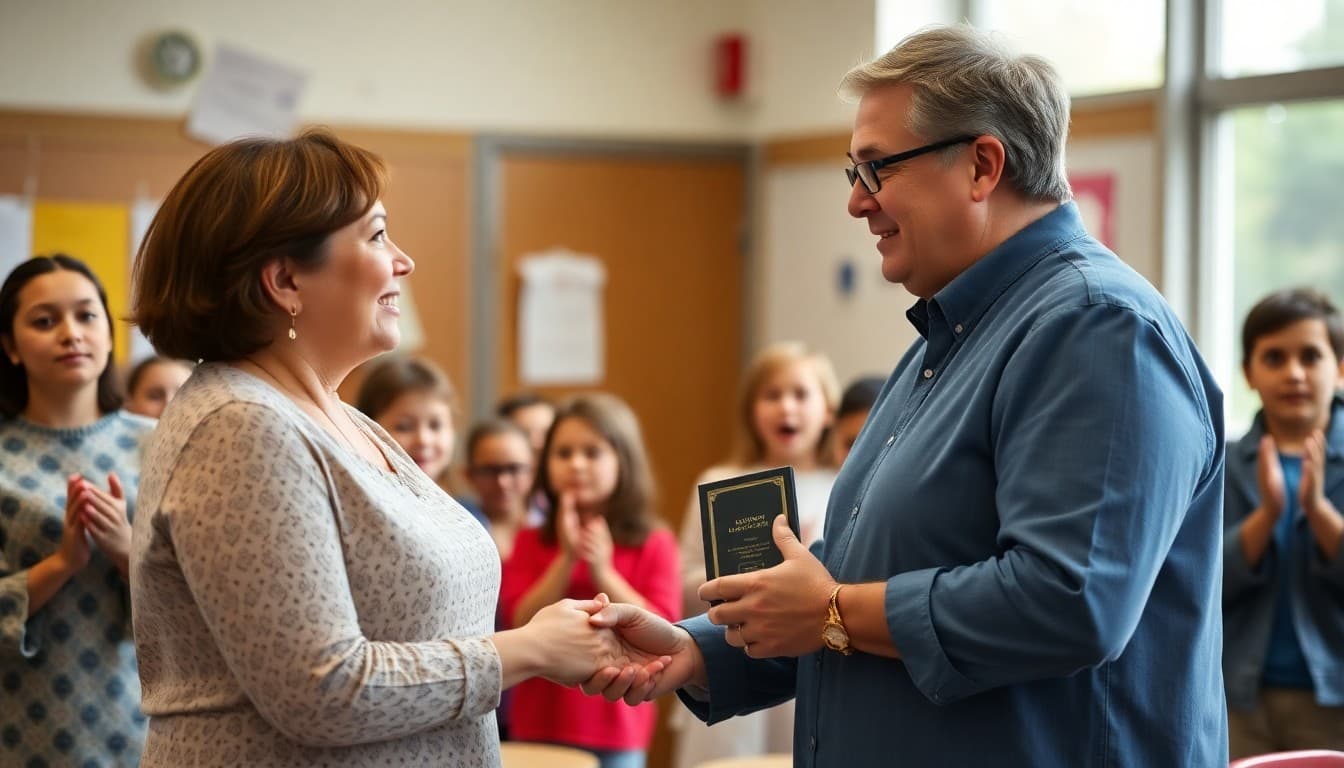 PTA president presenting award to volunteer at end-of-year ceremony with parents applauding