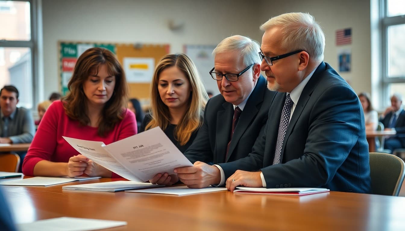 PTA officers reviewing bylaw documents at board meeting with members in background