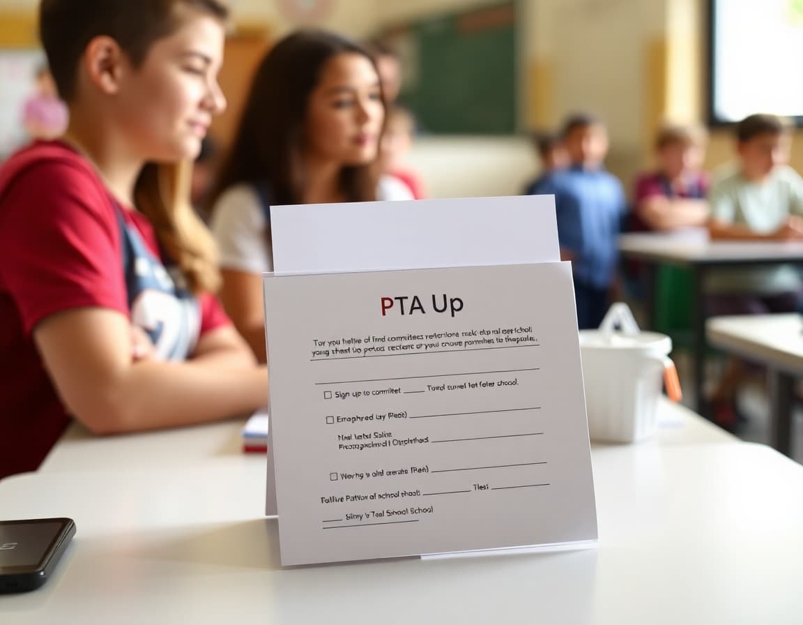 Sign-up sheet for PTA committee recruitment on table at school open house event
