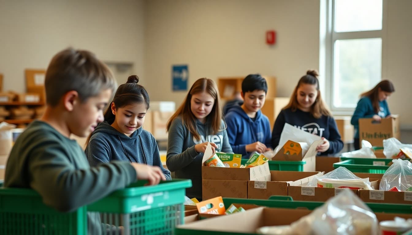PTA families volunteering together at community food bank sorting donations on Saturday