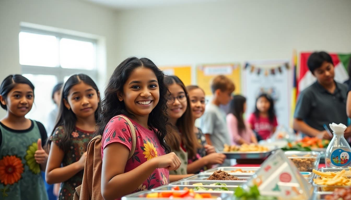 Diverse families at PTA cultural fair with international food booths and cultural displays