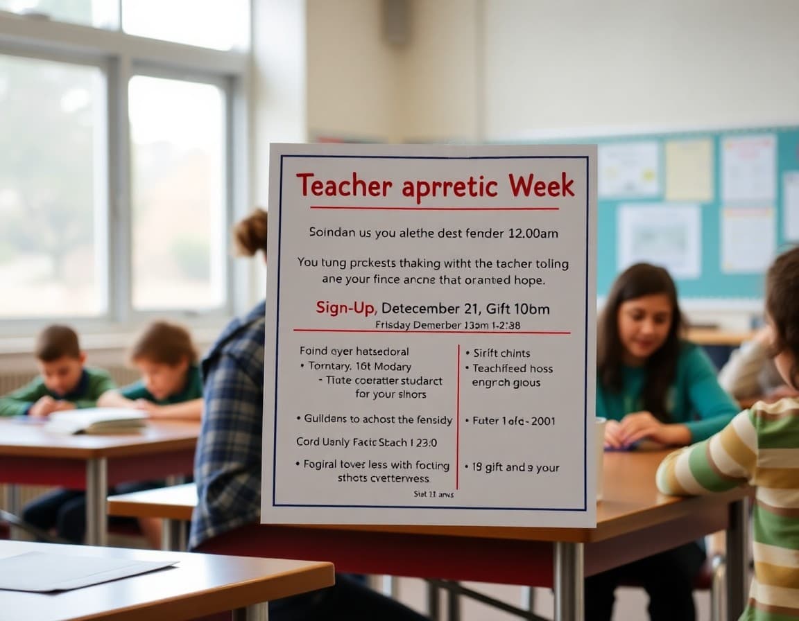 Teacher appreciation week sign-up newsletter showing food donation schedule and gift ideas
