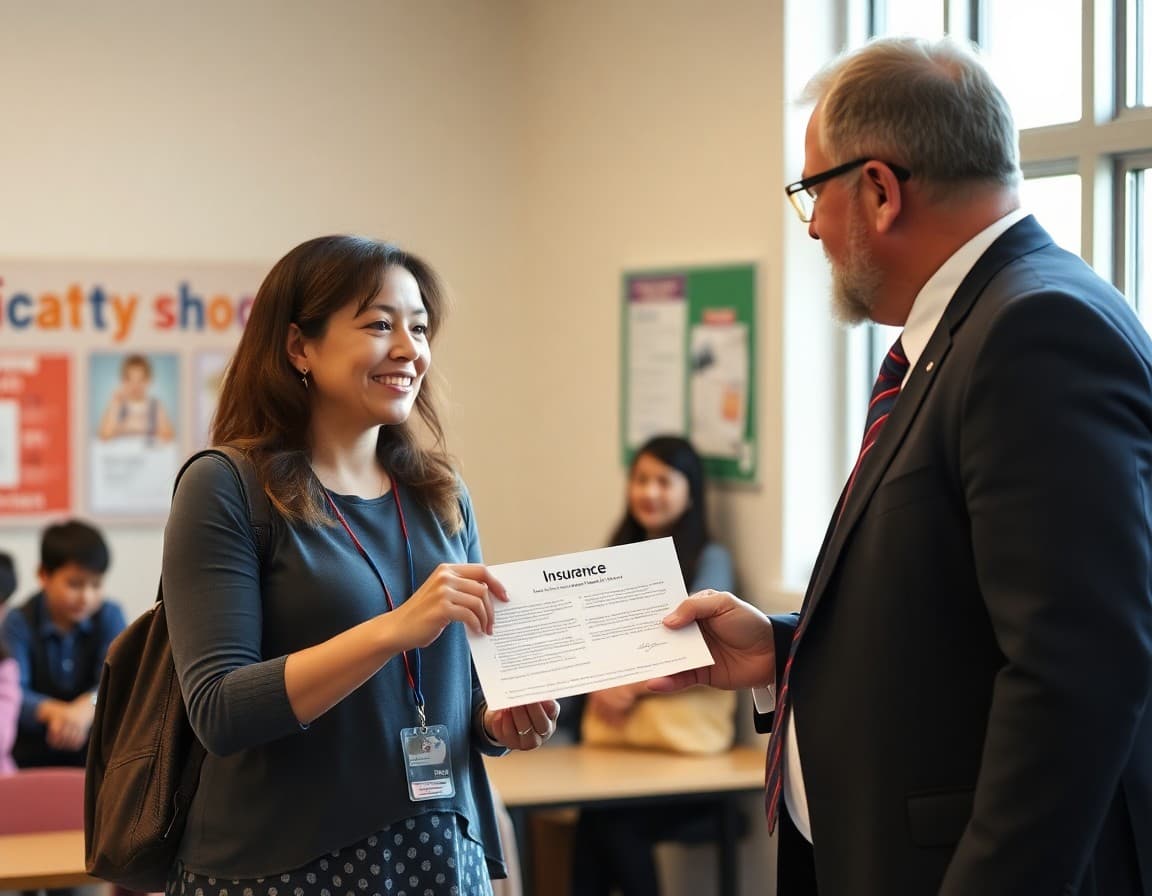 PTA volunteer handing insurance certificate to school principal before event