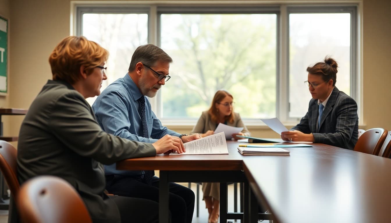 PTA officers reviewing insurance documents at school board meeting table