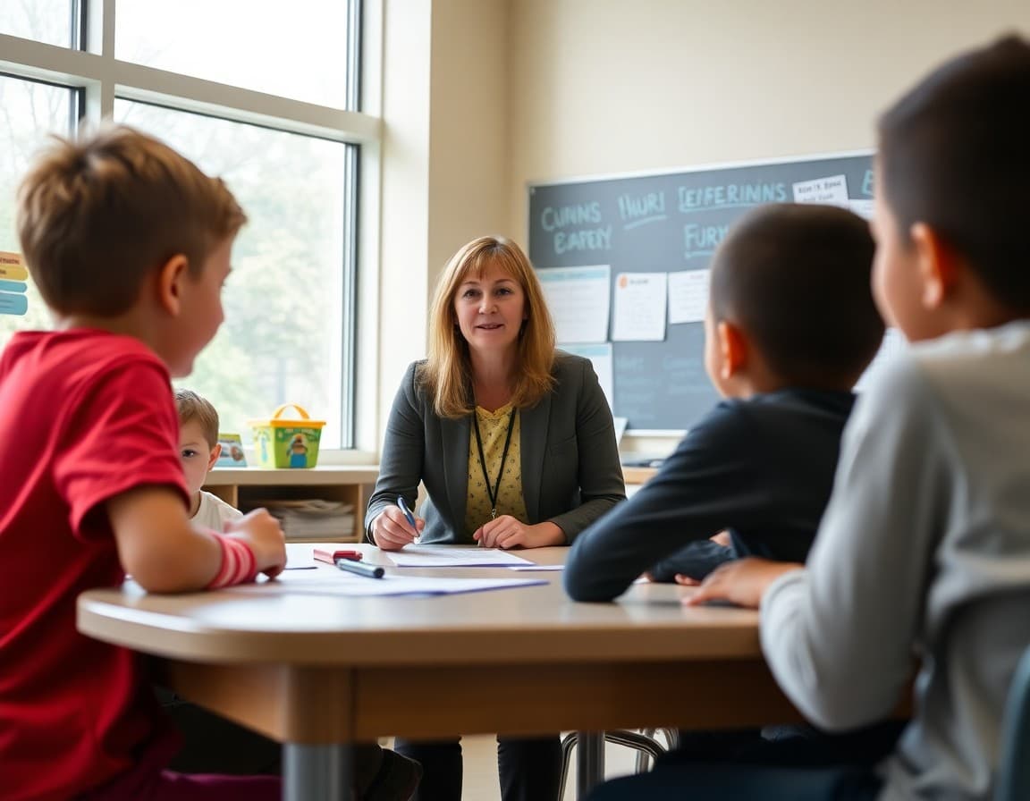 PTA volunteer explaining Reflections program categories to students at classroom table