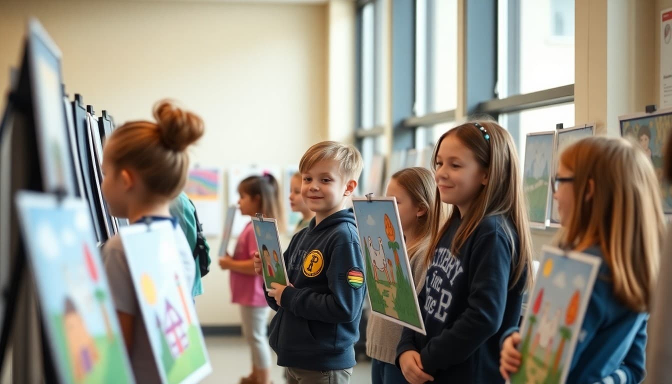Students displaying artwork for PTA Reflections program at school art exhibit