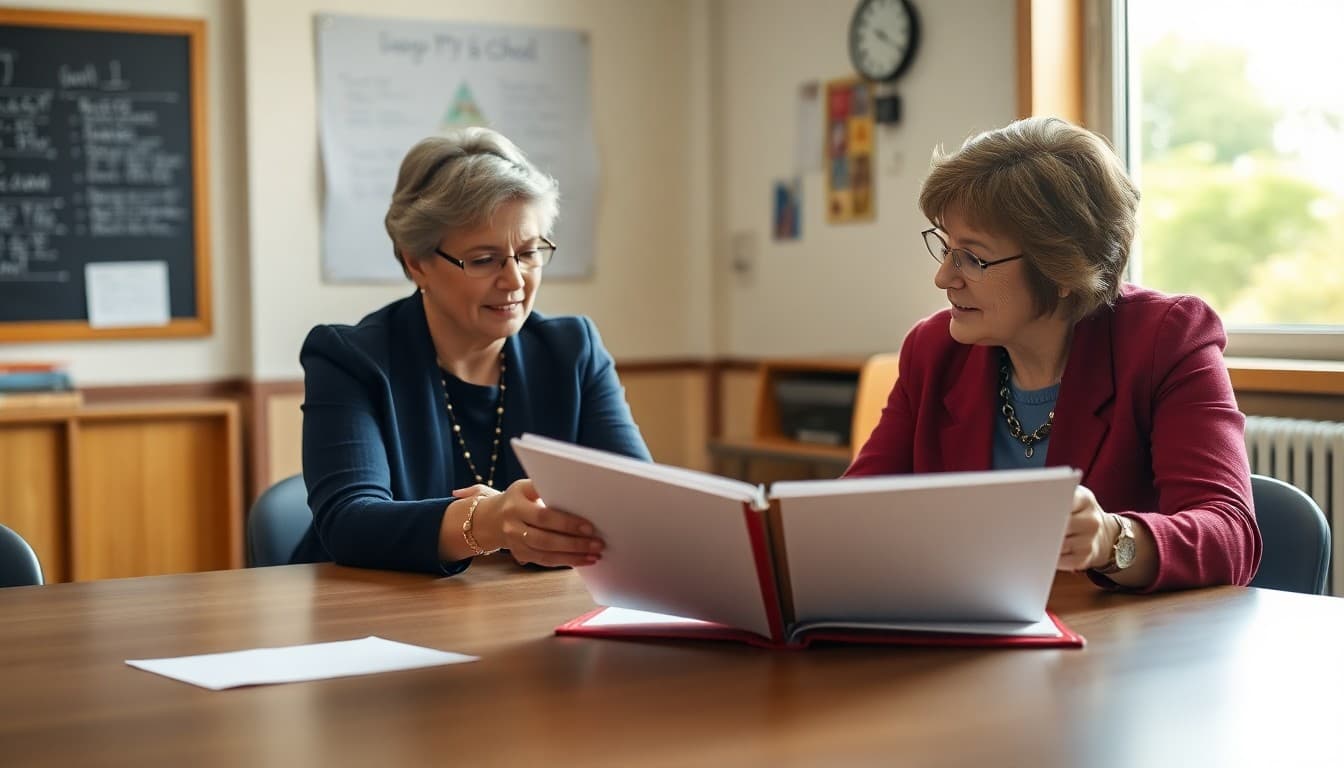 Incoming PTA president reviewing binder with outgoing president at school meeting table