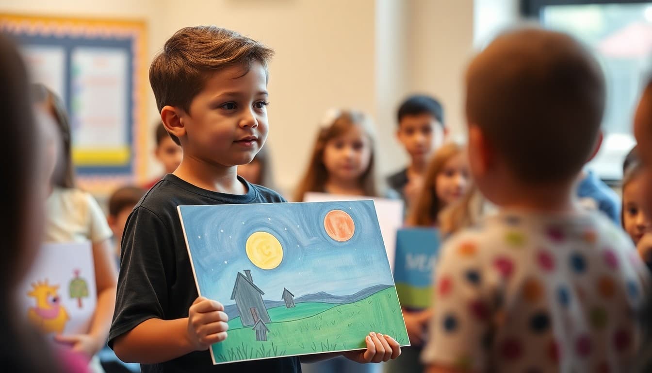 Student presenting original artwork at PTA Reflections arts competition ceremony