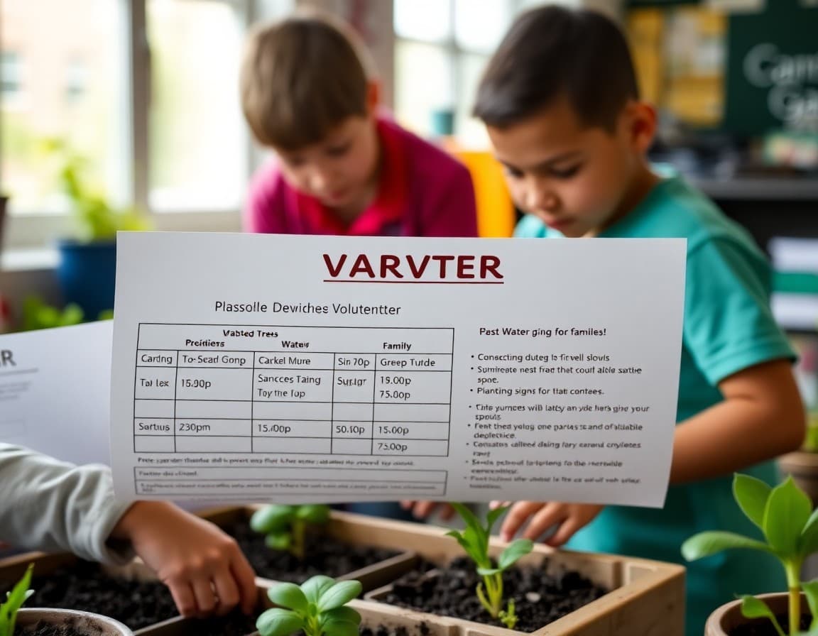 School garden volunteer newsletter with planting schedule and watering signup for families