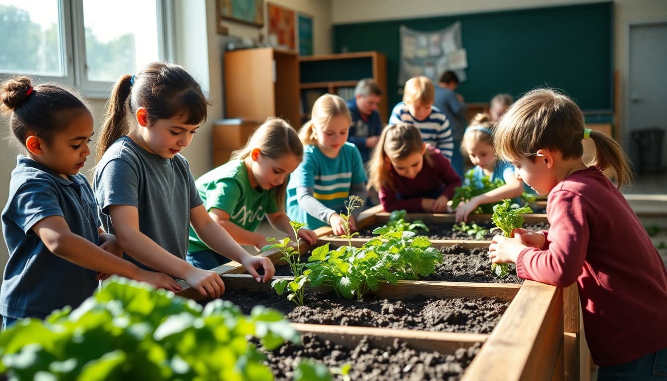 PTA school garden committee working with elementary students planting vegetables in raised beds
