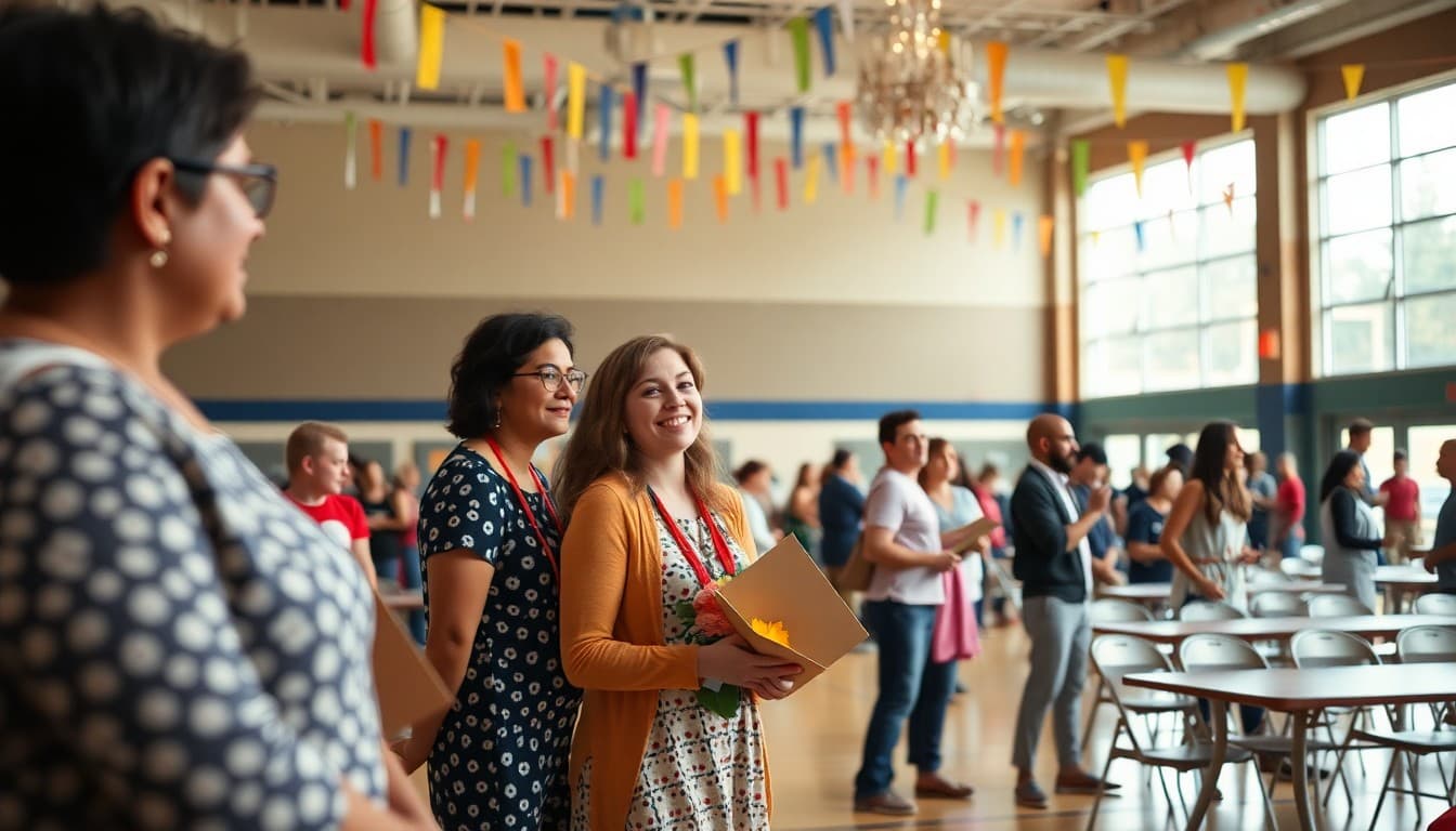 PTA parents decorating gymnasium for senior graduation celebration party at high school